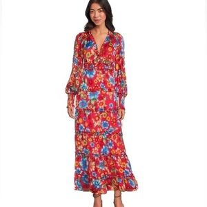 Chelsea & Violet MARGAUX Maxi Dress Red Orchid Sunset MED Multi NWT Poly Plissé